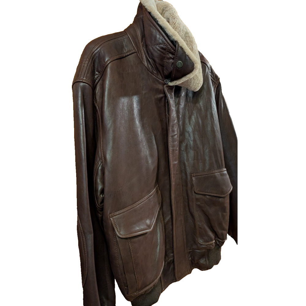 ANDREW MARC NEW YORK Leather Bomber Jacket Faux Shearling Collar BROWN XL - Picture 2 of 10